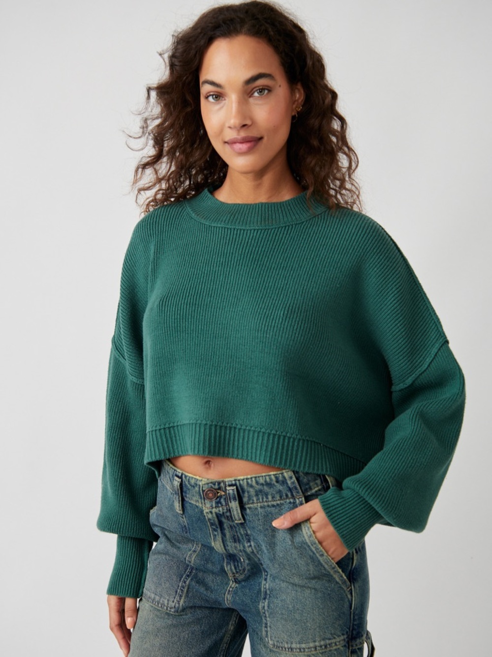 Free People Easy Street Cropped Sweater Pullover Oversized Boxy Knit Green